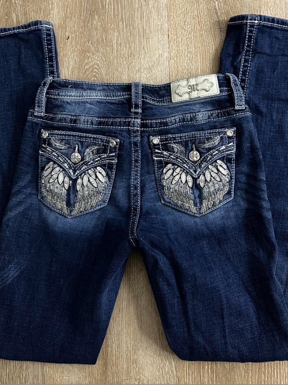 Miss Me Dark Blue Boot Cut Jeans with Silver Embroidered Pockets